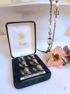 HARRODS Silver Plated Duckies Placecard Holders, Green Velvet Box